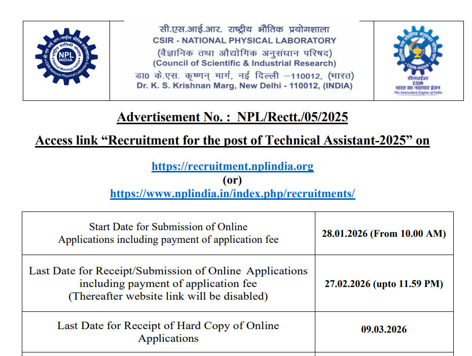 CSIR NPL Technical Assistant Online Form 2026