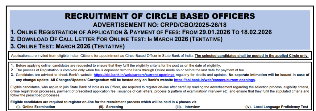 SBI Circle Based Officer (CBO) Online Form 2026