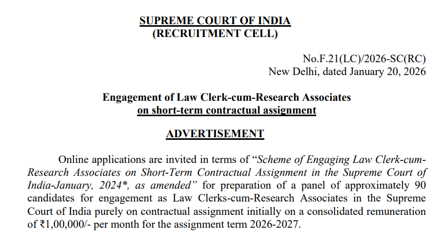 SCI Law Clerk-cum-Research Associates Online Form 2026