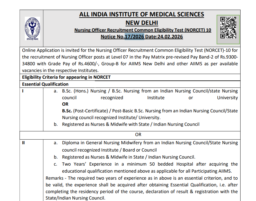 AIIMS NORCET 10 Recruitment 2026