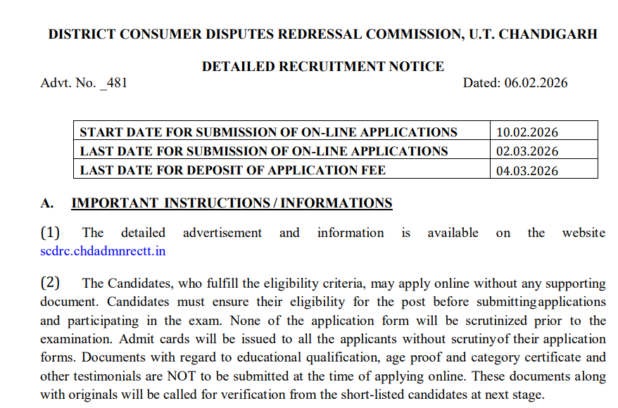 Chandigarh SCDRC Recruitment 2026