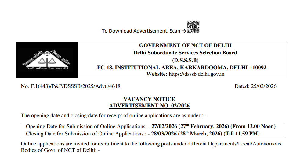 DSSSB Teaching & Non-Teaching Posts Recruitment 2026: