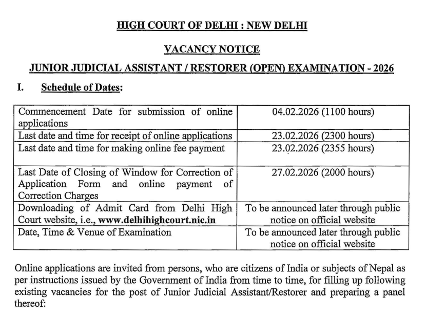 Delhi High Court JJA/Restorer Online Form 2026