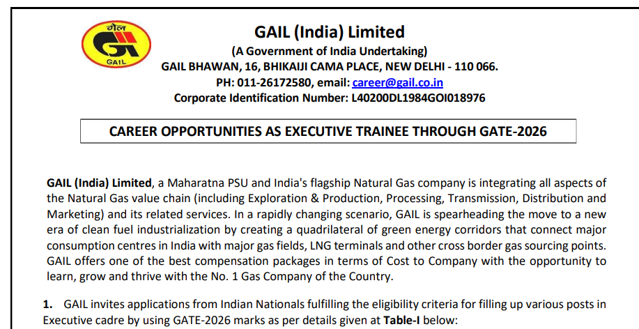 GAIL Executive Trainee Recruitment 2026