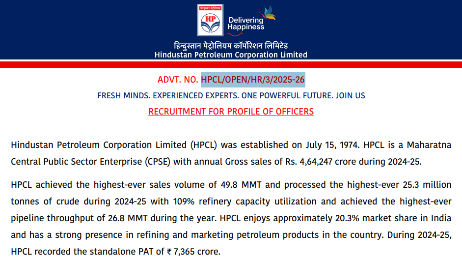 HPCL Junior Executive, Engineer, Officer Recruitment 2026 
