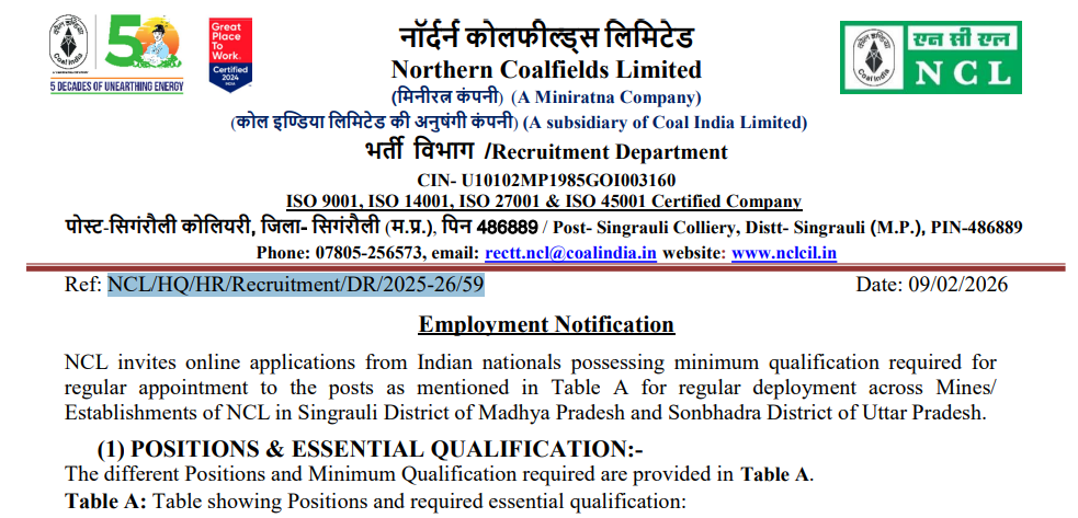 NCL Northern Coalfields Limited Assistant Foreman Recruitment 2026
