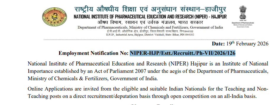 NIPER Hajipur Teaching & Non-Teaching Posts Online Form 2026