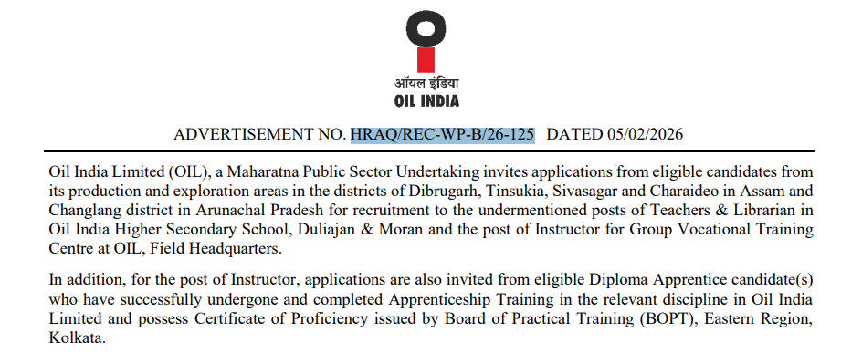 OIL India Teaching Online Form 2026