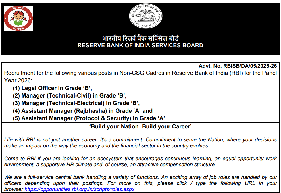 RBI Non CSG Various Posts Online Form 2026