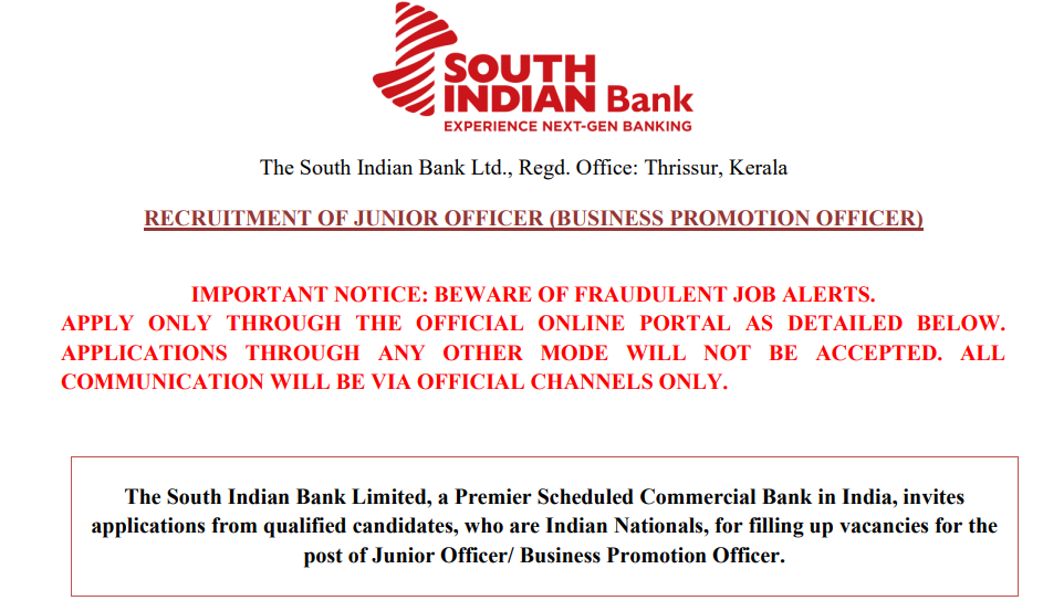 South Indian Bank Junior Officer Recruitment 2026