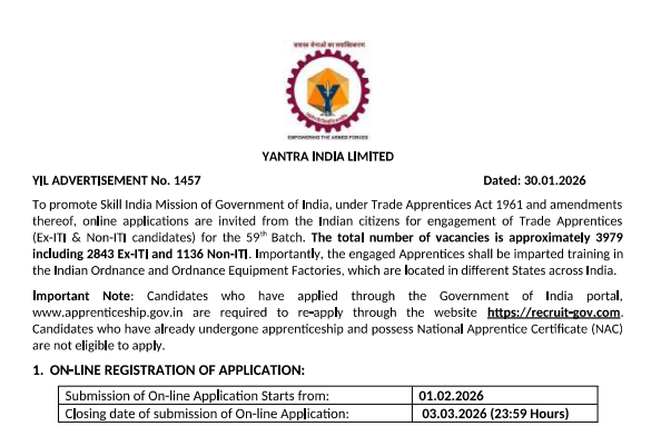 YIL Ordnance Factory Apprentice Online Form 2026