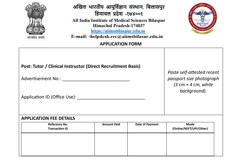 AIIMS Bilaspur HP Tutor & Clinical Instructor Recruitment 2026