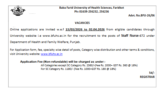 BFUHS Staff Nurse Recruitment 2026