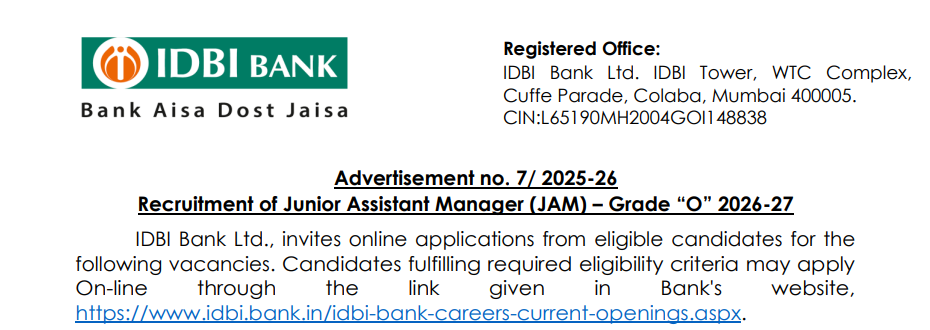 IDBI Bank Assistant Manager Recruitment 2026