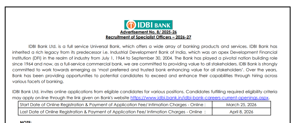 IDBI Specialist Officer Recruitment 2026