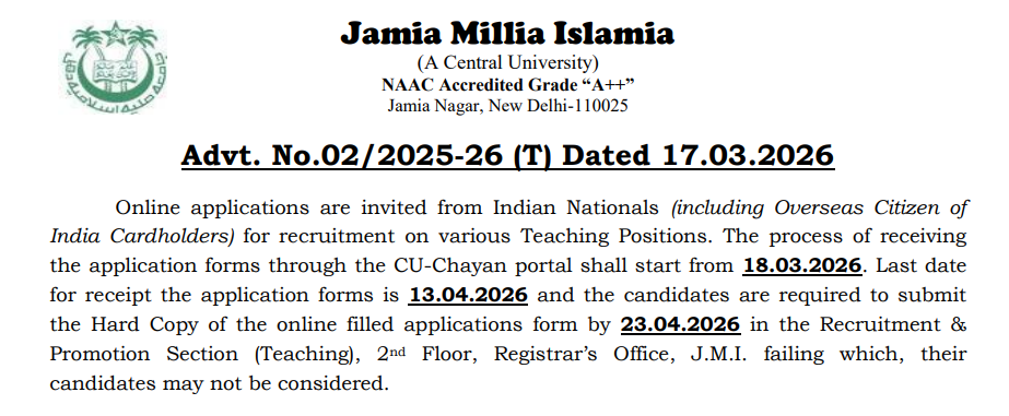 JMI Teaching Recruitment 2026