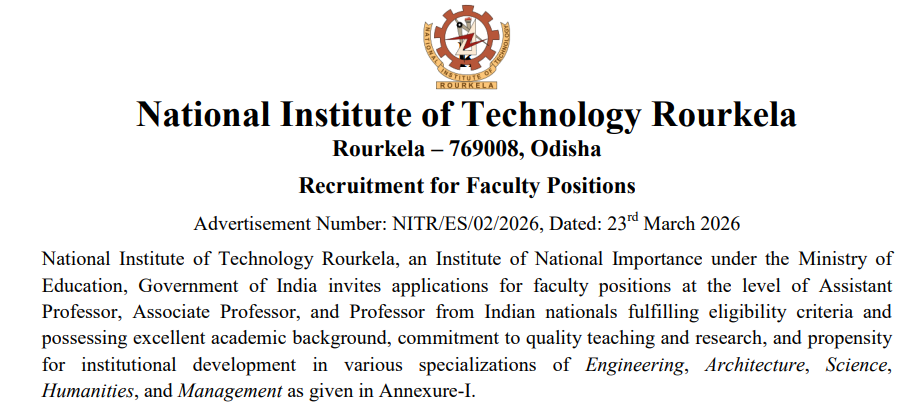NIT Rourkela Faculty Recruitment 2026