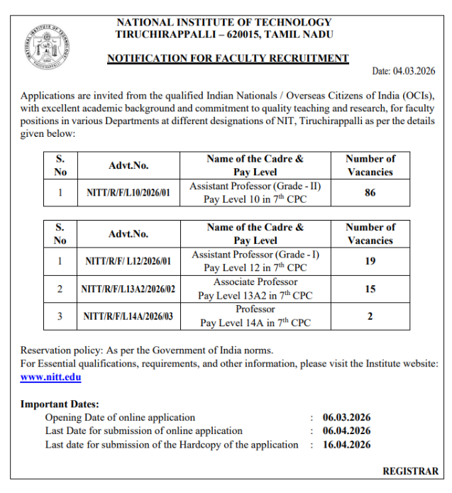 NIT Trichy Faculty Recruitment 2026