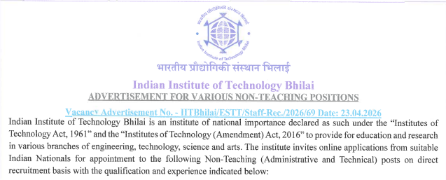 IIT Bhilai Non-Teaching Recruitment 2026