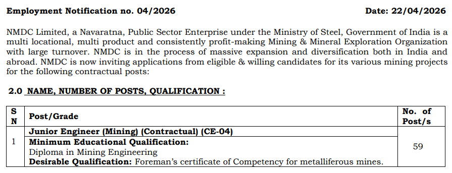 NMDC Junior Engineer (Mining) Online Form 2026