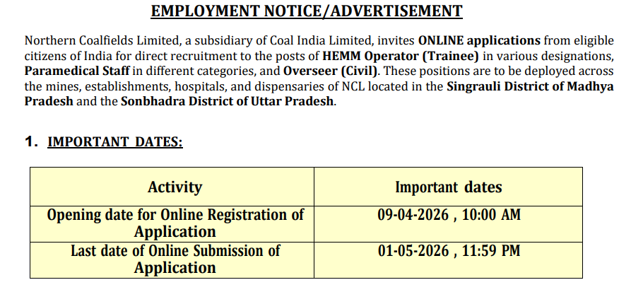 Northern Coalfields Limited (NCL) Recruitment 2026