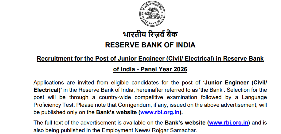 RBI JE Junior Engineer Recruitment 2026