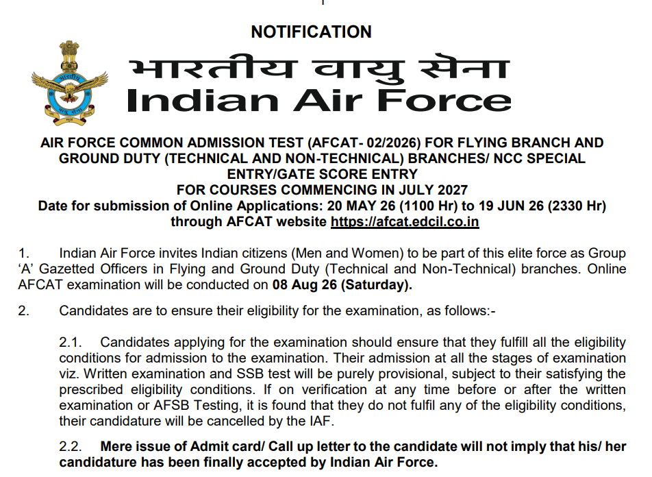 Indian Air Force AFCAT 02/2026 Recruitment