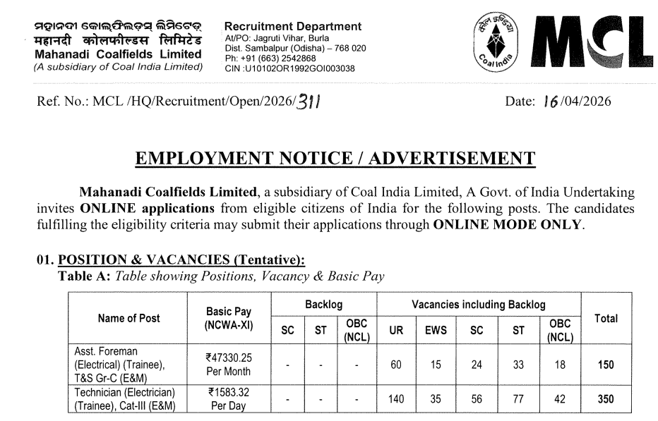 MCL Assistant Foreman and Technician Recruitment 2026