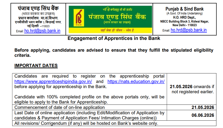 Punjab & Sind Bank Apprentice Recruitment 2026