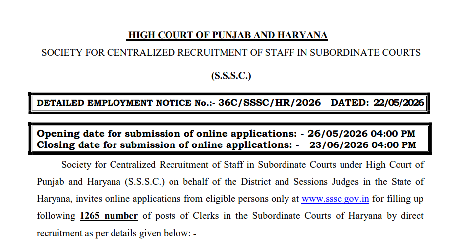 Punjab and Haryana High Court Clerk Recruitment 2026