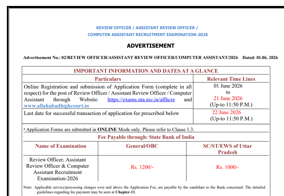 Allahabad High Court RO, ARO & Computer Assistant Recruitment 2026