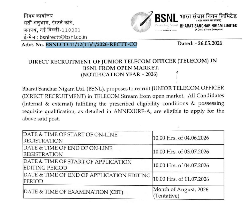 
BSNL Junior Telecom Officer Syllabus Details 2026