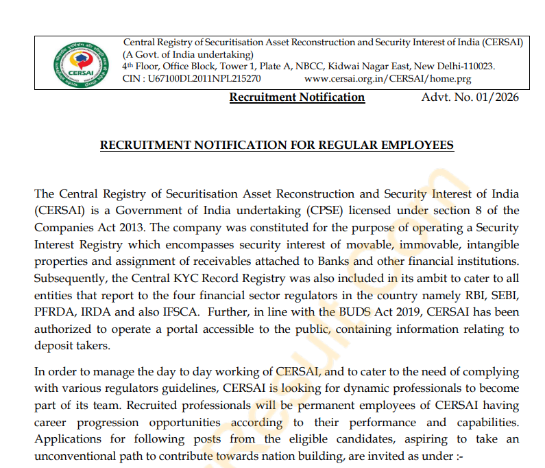 CERSAI Various Recruitment 2026