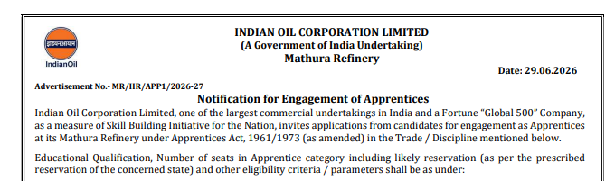 IOCL Mathura Refinery Apprentice Recruitment 2026