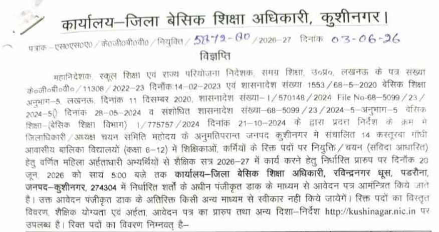 Kasturba Gandhi Girls School Kushinagar Recruitment 2026