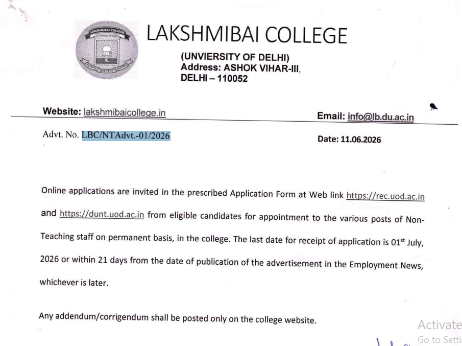 Lakshmibai College Non-Teaching Recruitment 2026