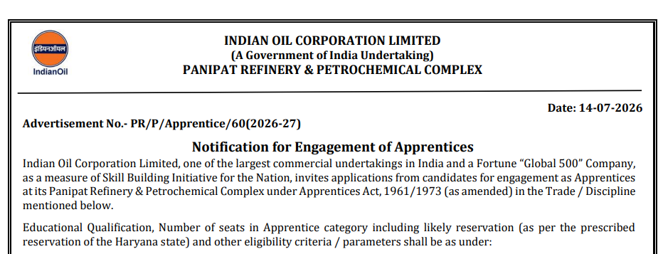 IOCL Panipat Refinery Apprentice Recruitment 2026
