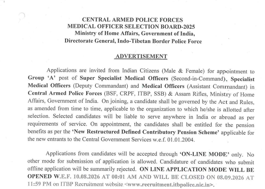 ITBP Medical Officer Recruitment 2026