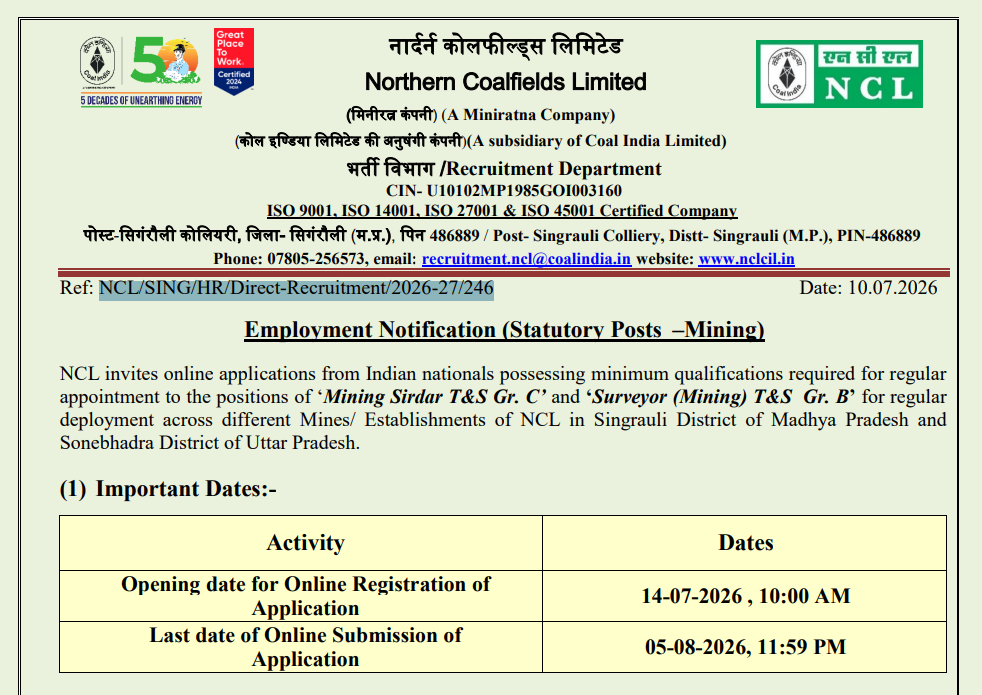 NCL Mining Sirdar & Surveyor Syllabus Details 2026