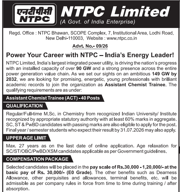 NTPC Assistant Chemist Trainee Syllabus Details 2026