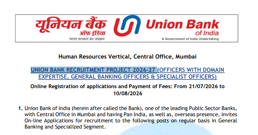 Union Bank of India SO Syllabus Deatils 2026