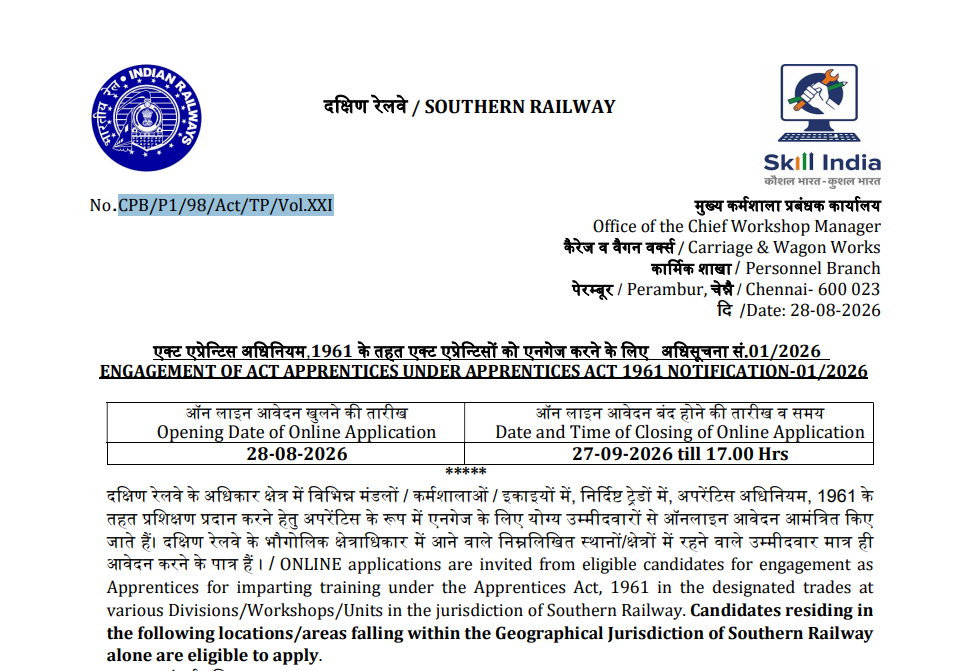 Southern Railway Apprentice Recruitment 2026
